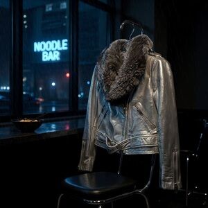 Silver Metallic Genuine Fox Fur Collar Jacket